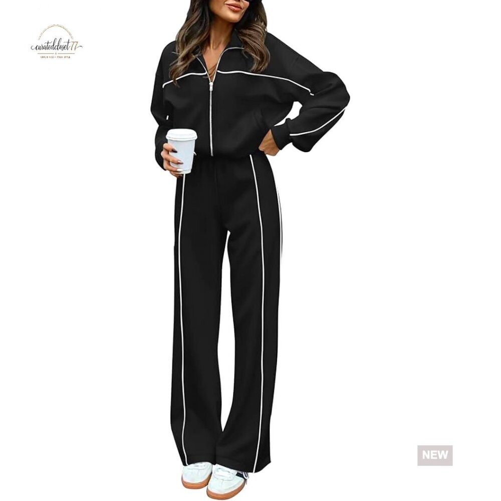 Oversized Zip Up Sweatshirt and Wide Leg Pants Set, Loose Fit Activewear
